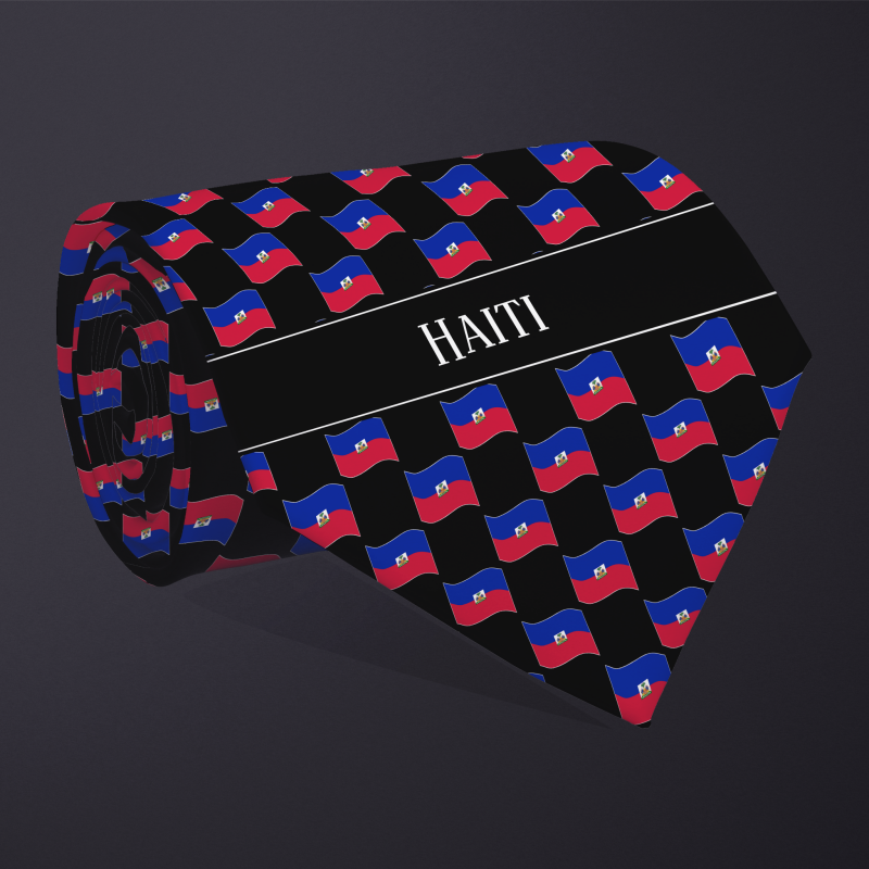 Rolled necktie, with WAVY flag checkerboard design, personalized with text: Haiti