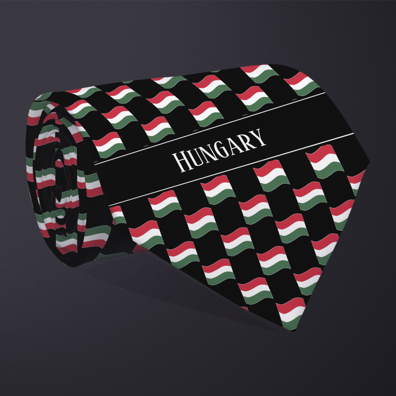 Rolled necktie, with WAVY flag checkerboard design, personalized with text: Hungary