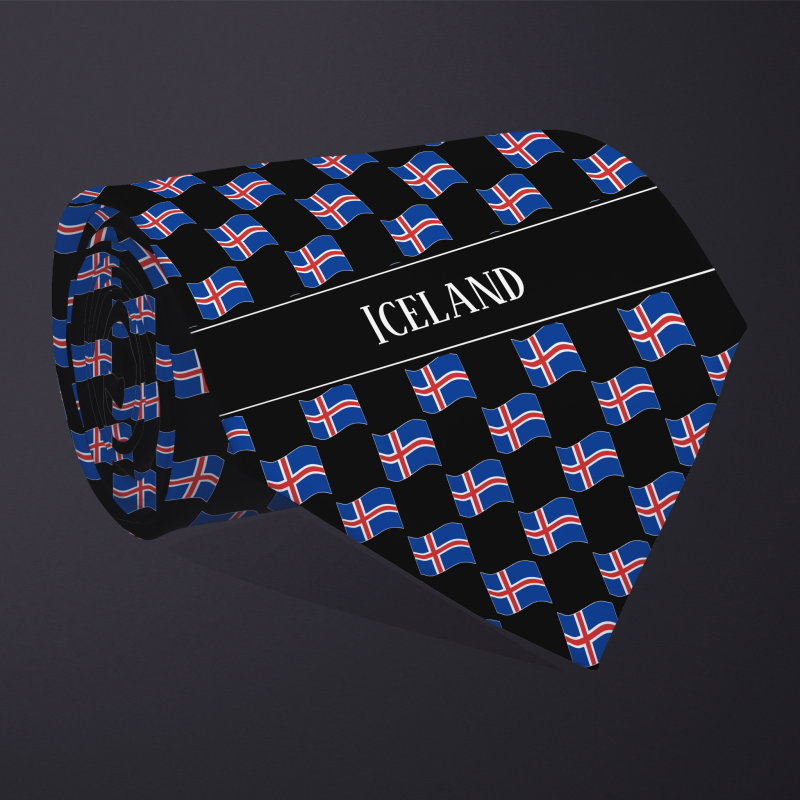 Rolled necktie, with WAVY flag checkerboard design, personalized with text: Iceland