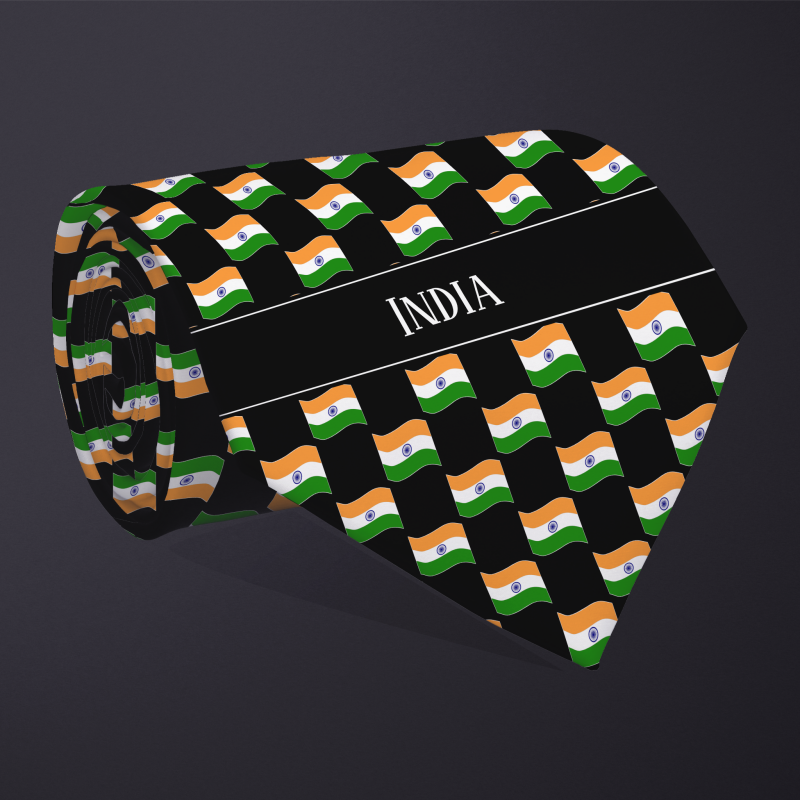Rolled necktie, with WAVY flag checkerboard design, personalized with text: India