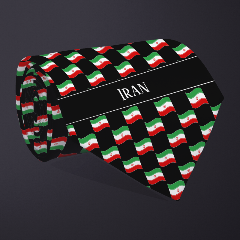 Rolled necktie, with WAVY flag checkerboard design, personalized with text: Iran