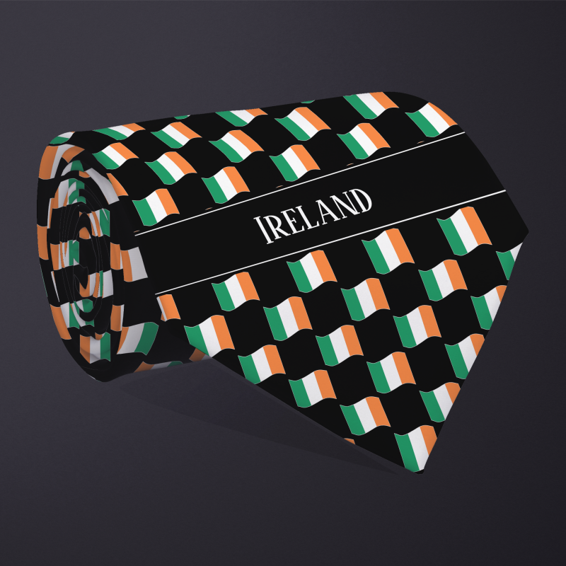 Rolled necktie, with WAVY flag checkerboard design, personalized with text: Ireland