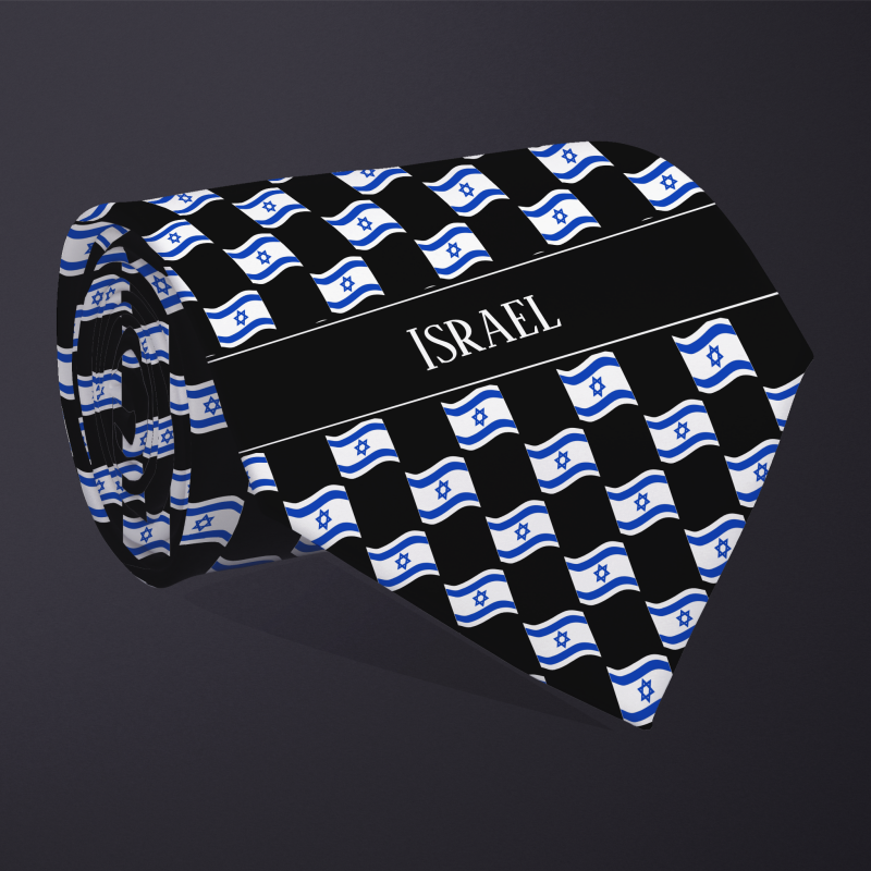 Rolled necktie, with WAVY flag checkerboard design, personalized with text: Israel