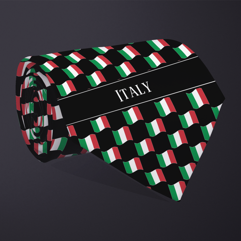 Rolled necktie, with WAVY flag checkerboard design, personalized with text: Italy