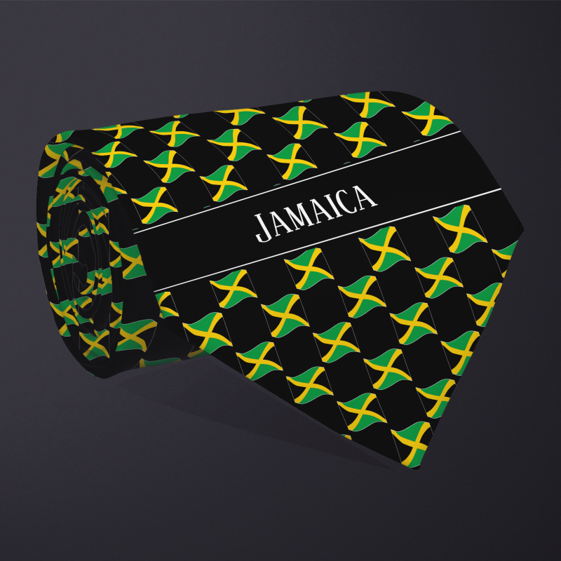 Rolled necktie, with WAVY flag checkerboard design, personalized with text: Jamaica