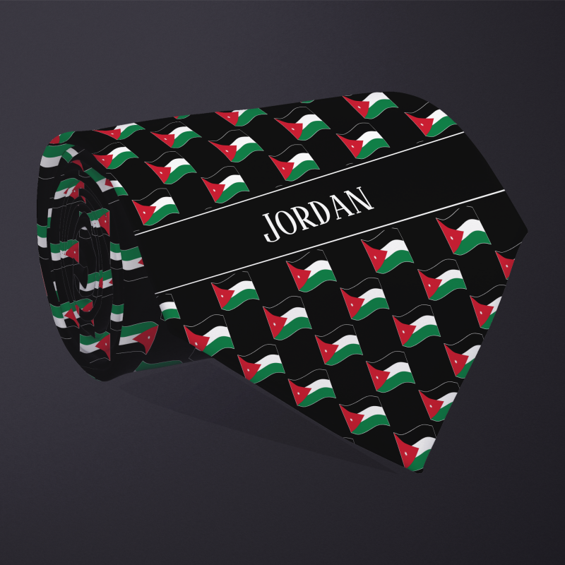 Rolled necktie, with WAVY flag checkerboard design, personalized with text: Jordan