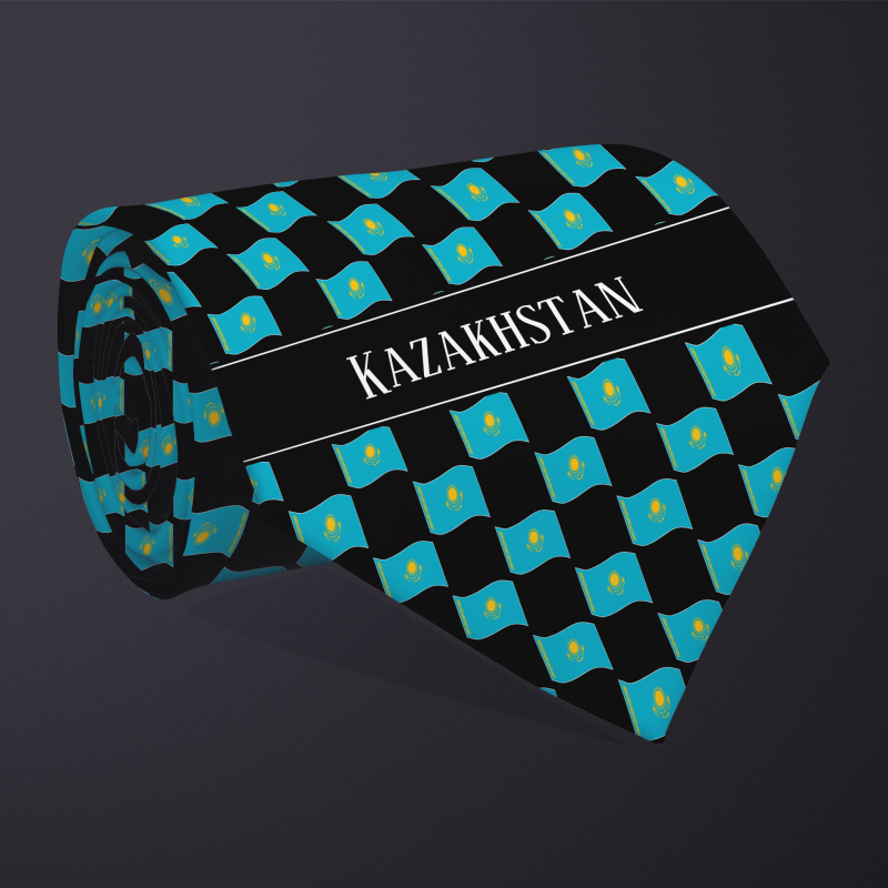 Rolled necktie, with WAVY flag checkerboard design, personalized with text: Kazakhstan