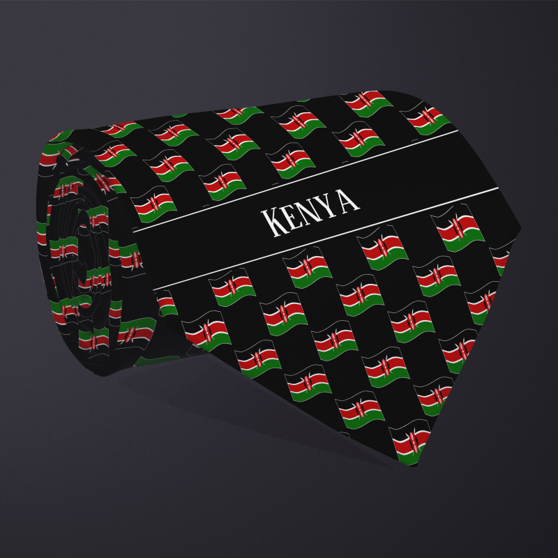 Rolled necktie, with WAVY flag checkerboard design, personalized with text: Kenya