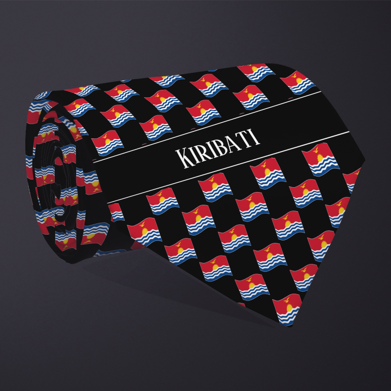 Rolled necktie, with WAVY flag checkerboard design, personalized with text: Kiribati