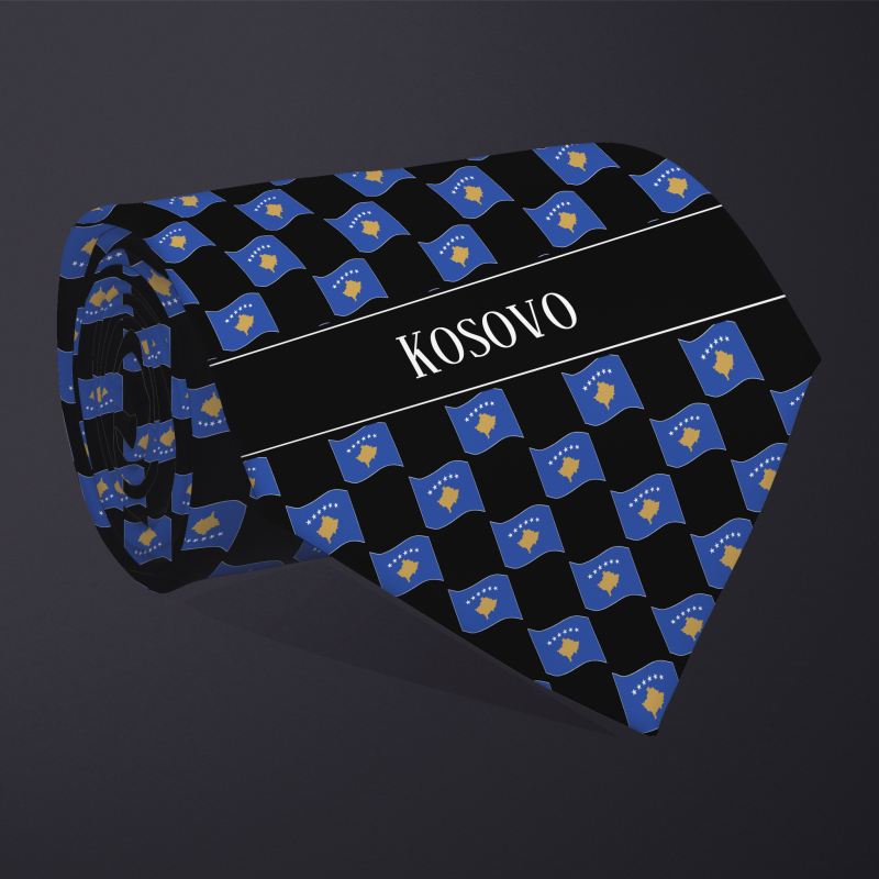 Rolled necktie, with WAVY flag checkerboard design, personalized with text: Kosovo