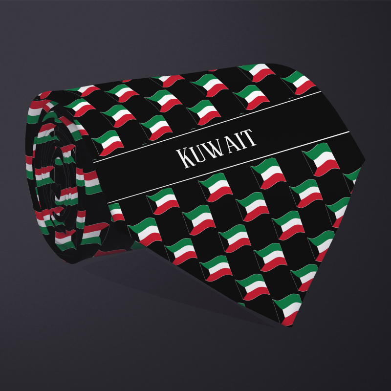 Rolled necktie, with WAVY flag checkerboard design, personalized with text: Kuwait