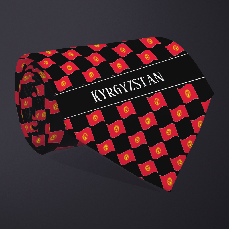 Rolled necktie, with WAVY flag checkerboard design, personalized with text: Kyrgyzstan