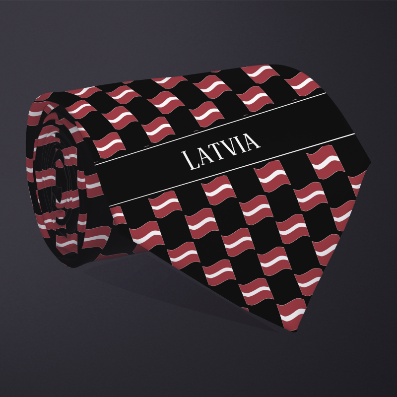 Rolled necktie, with WAVY flag checkerboard design, personalized with text: Latvia