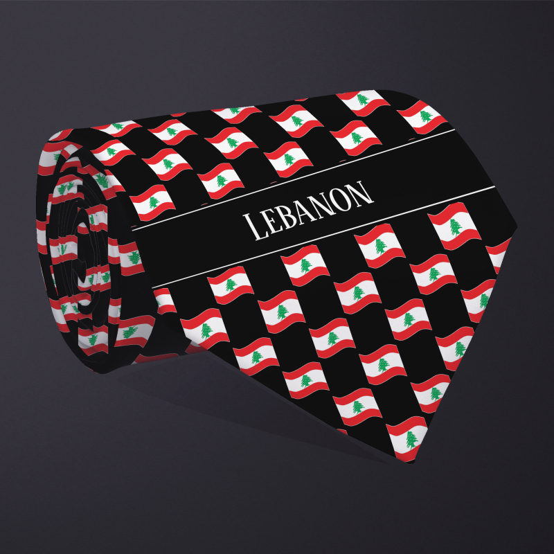 Rolled necktie, with WAVY flag checkerboard design, personalized with text: Lebanon