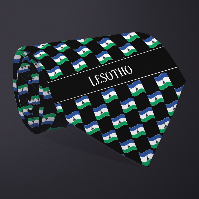 Rolled necktie, with WAVY flag checkerboard design, personalized with text: Lesotho