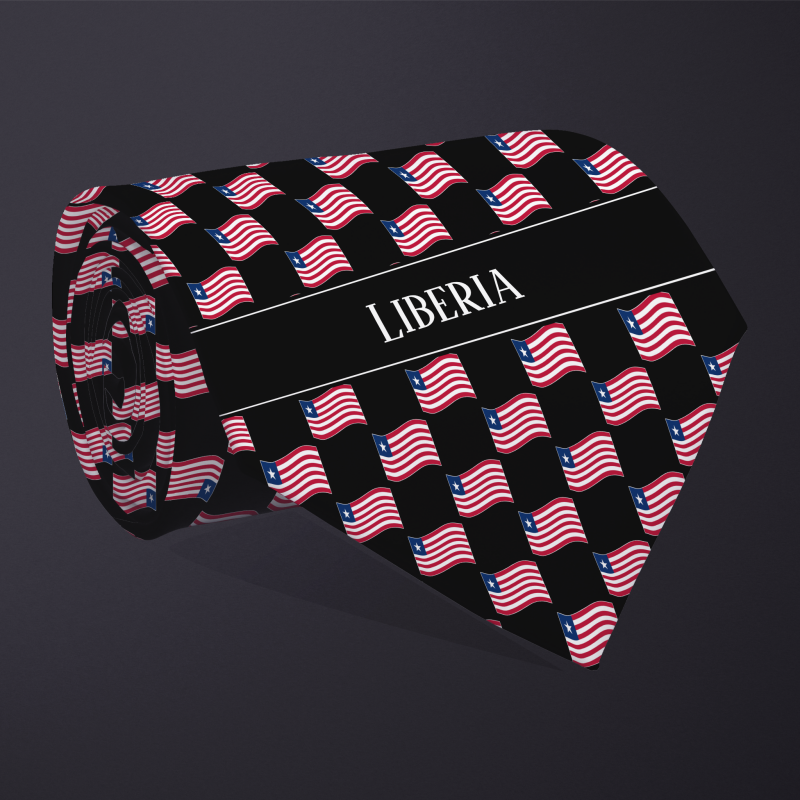 Rolled necktie, with WAVY flag checkerboard design, personalized with text: Liberia