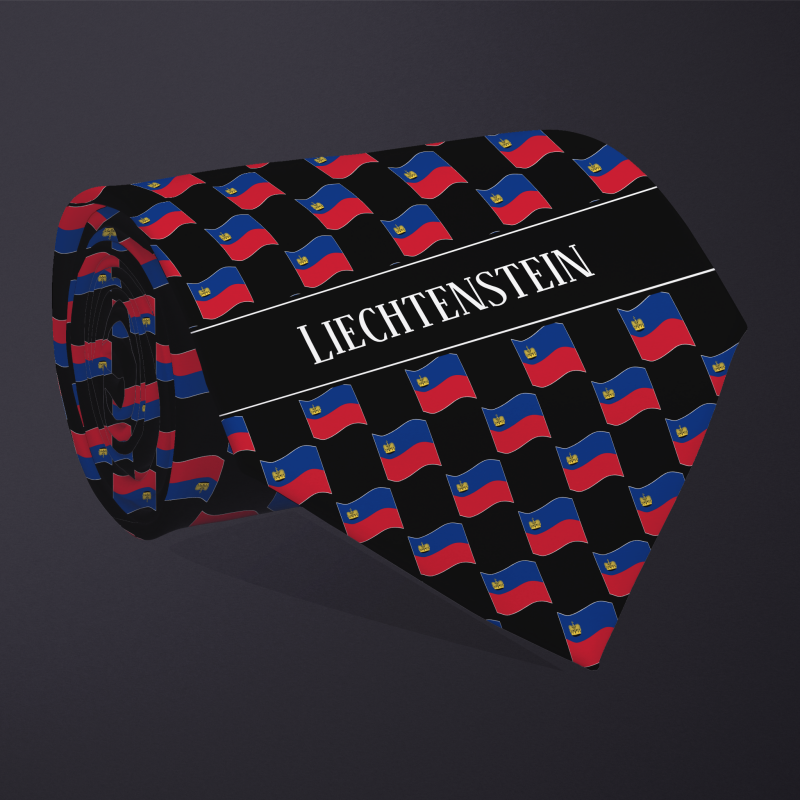 Rolled necktie, with WAVY flag checkerboard design, personalized with text: Liechtenstein