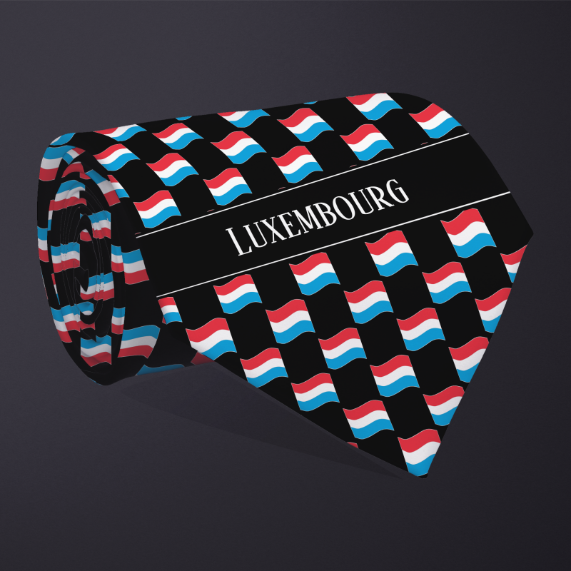 Rolled necktie, with WAVY flag checkerboard design, personalized with text: Luxembourg