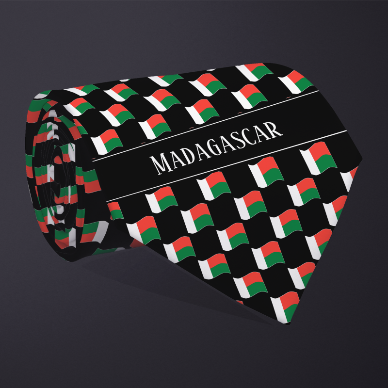 Rolled necktie, with WAVY flag checkerboard design, personalized with text: Madagascar