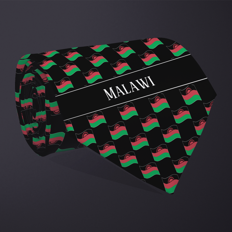 Rolled necktie, with WAVY flag checkerboard design, personalized with text: Malawi