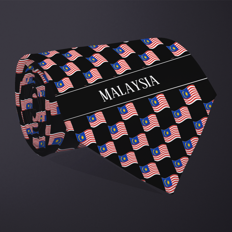 Rolled necktie, with WAVY flag checkerboard design, personalized with text: Malaysia