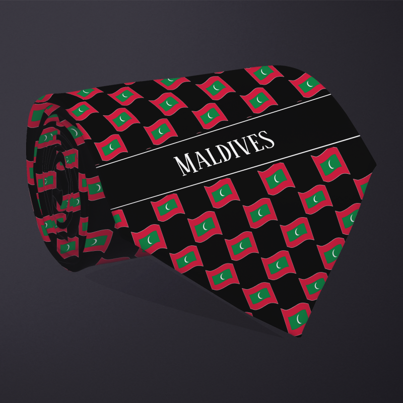 Rolled necktie, with WAVY flag checkerboard design, personalized with text: Maldives