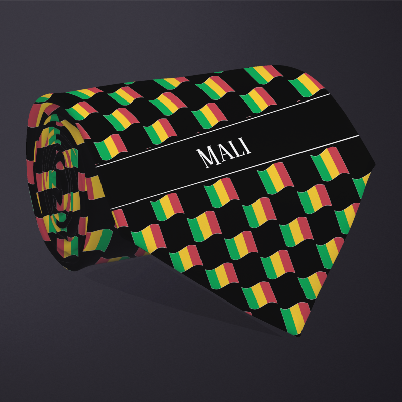 Rolled necktie, with WAVY flag checkerboard design, personalized with text: Mali