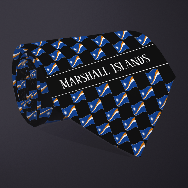 Rolled necktie, with WAVY flag checkerboard design, personalized with text: Marshall Islands