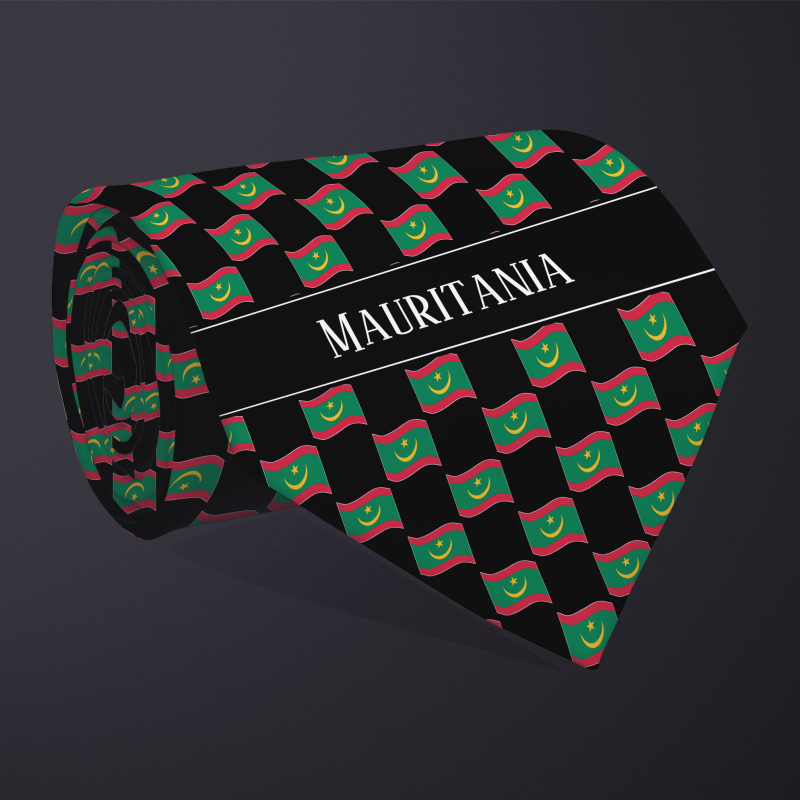 Rolled necktie, with WAVY flag checkerboard design, personalized with text: Mauritania