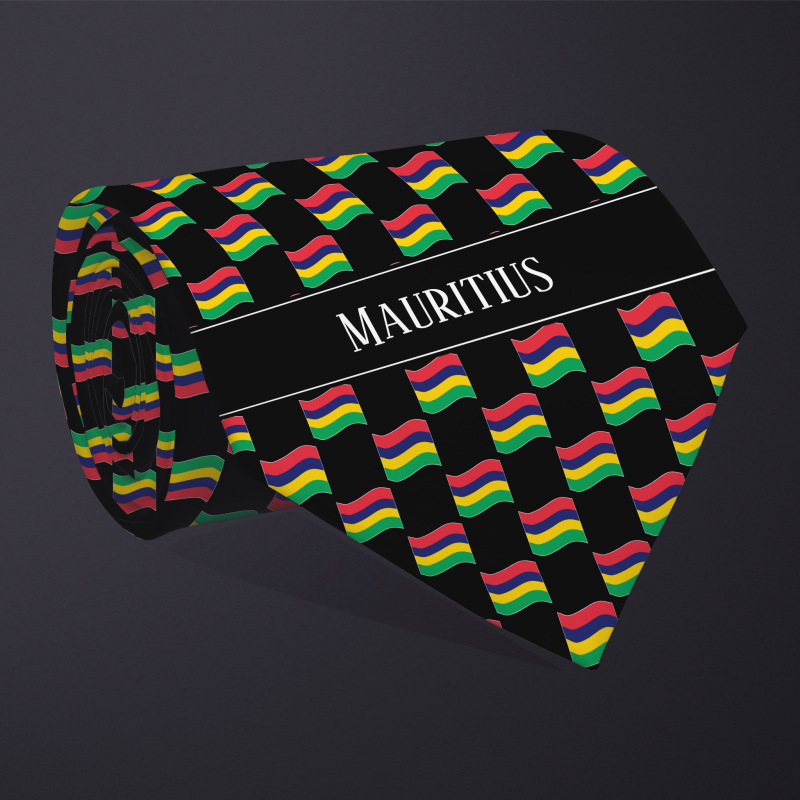 Rolled necktie, with WAVY flag checkerboard design, personalized with text: Mauritius