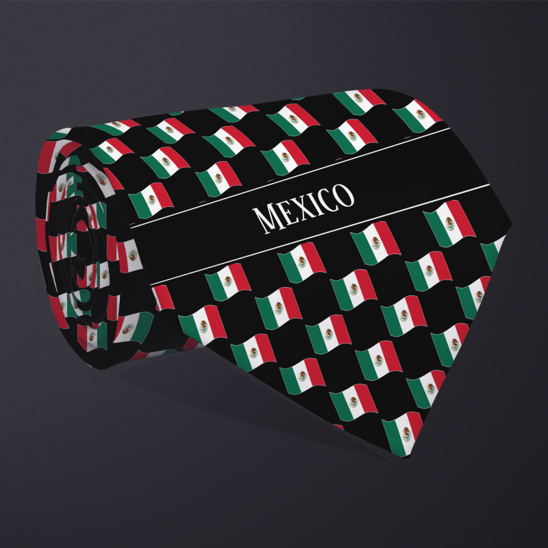 Rolled necktie, with WAVY flag checkerboard design, personalized with text: Mexico