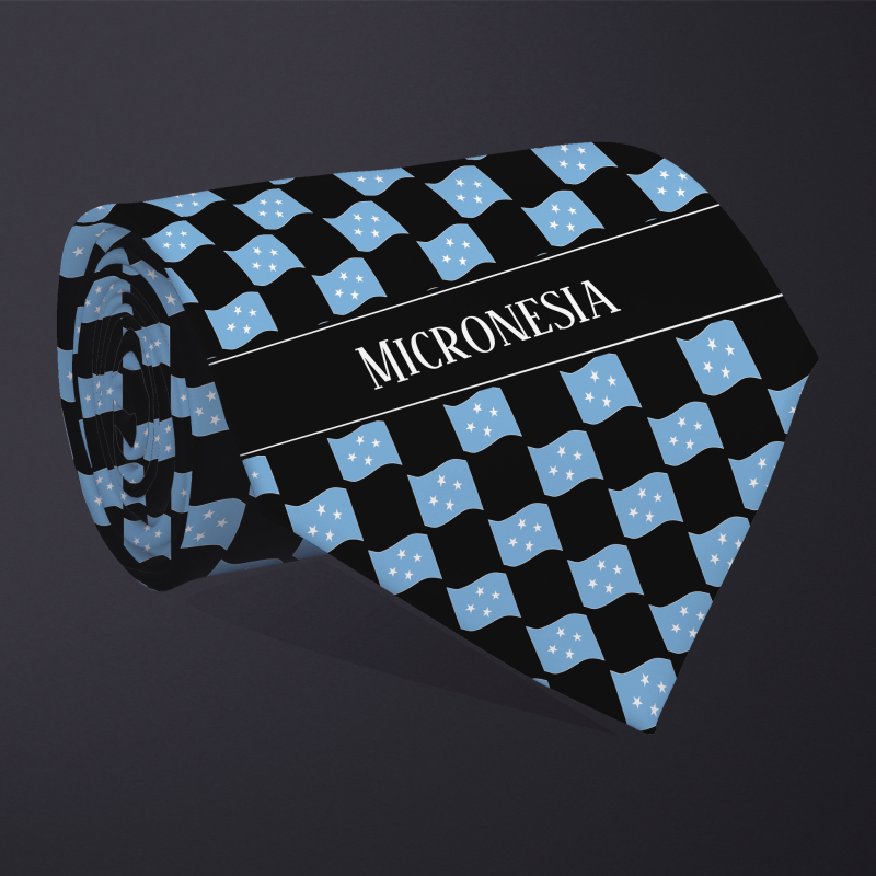 Rolled necktie, with WAVY flag checkerboard design, personalized with text: Micronesia