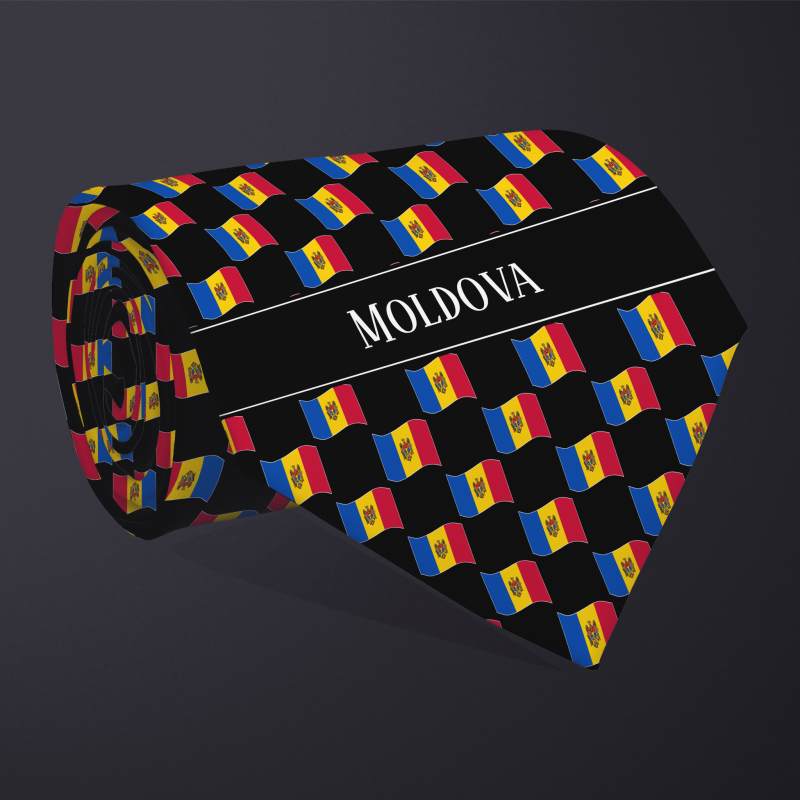 Rolled necktie, with WAVY flag checkerboard design, personalized with text: Moldova