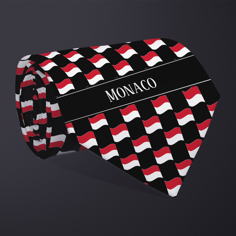 Rolled necktie, with WAVY flag checkerboard design, personalized with text: Monaco