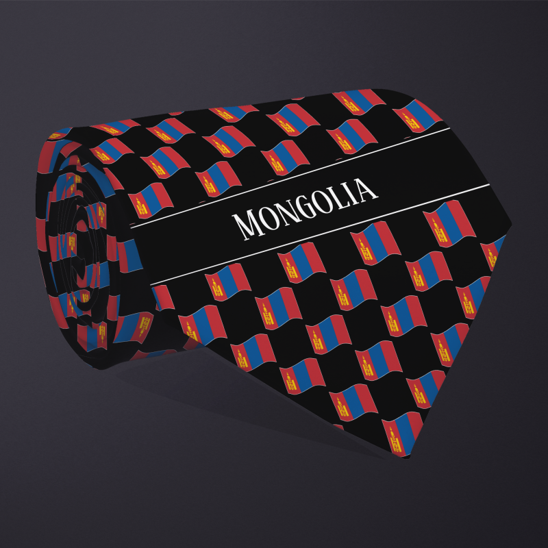 Rolled necktie, with WAVY flag checkerboard design, personalized with text: Mongolia