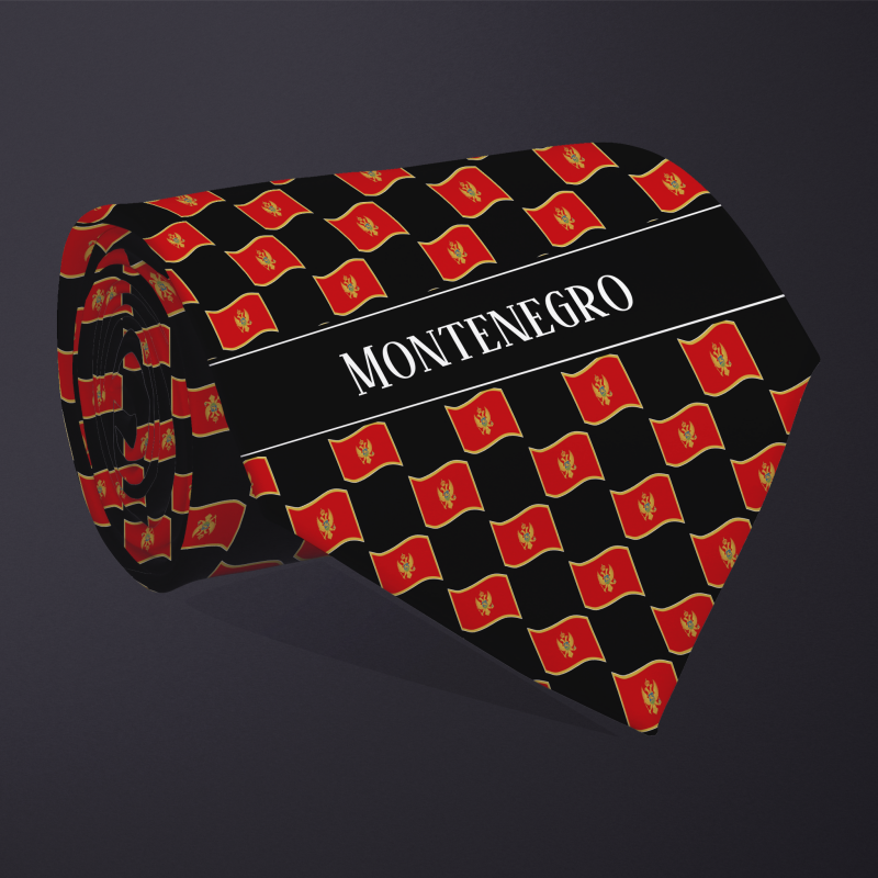 Rolled necktie, with WAVY flag checkerboard design, personalized with text: Montenegro