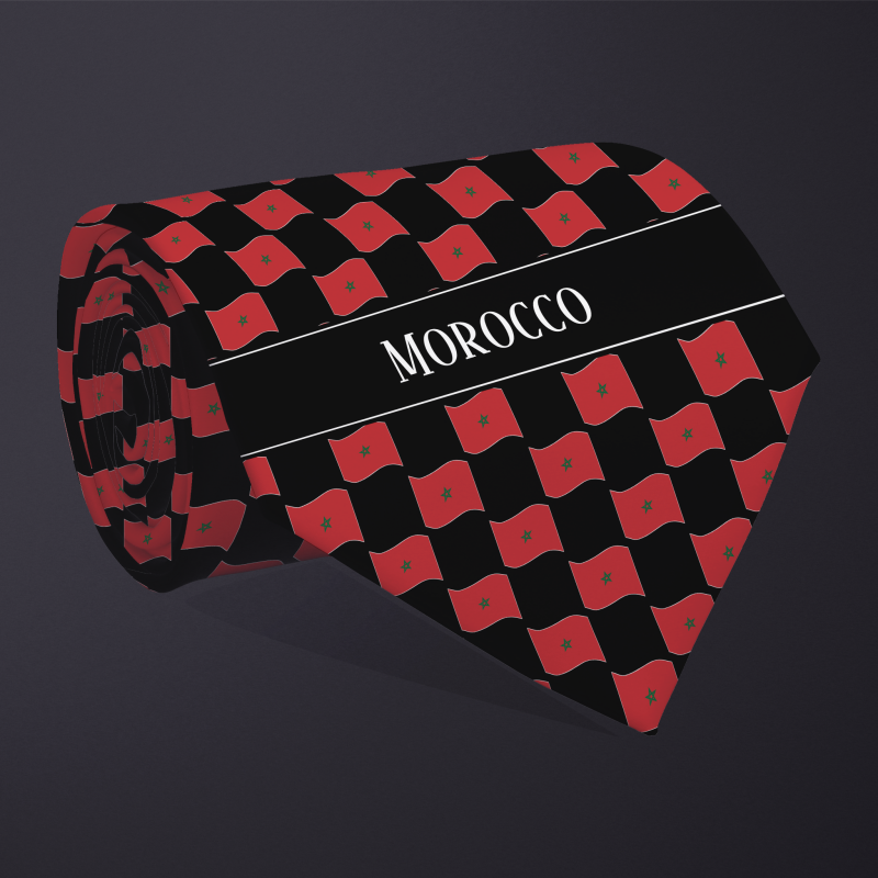 Rolled necktie, with WAVY flag checkerboard design, personalized with text: Morocco
