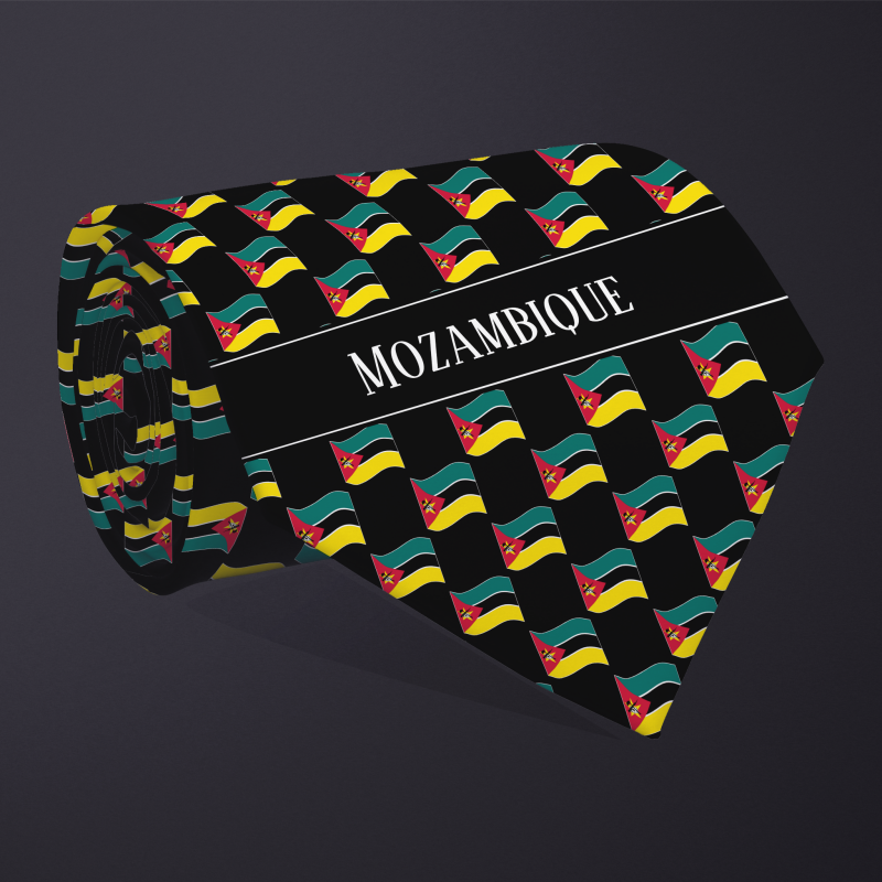 Rolled necktie, with WAVY flag checkerboard design, personalized with text: Mozambique