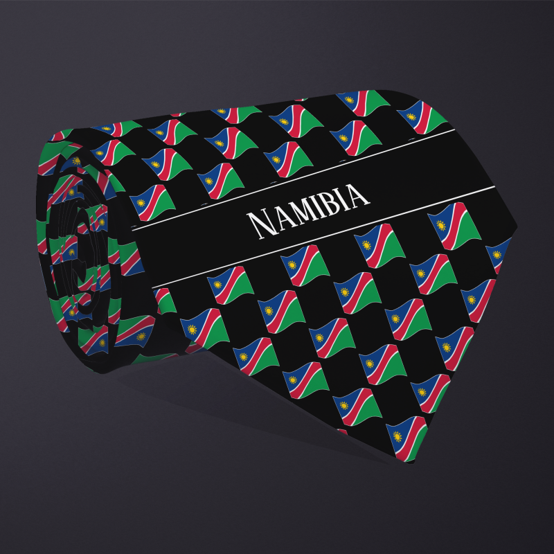 Rolled necktie, with WAVY flag checkerboard design, personalized with text: Namibia