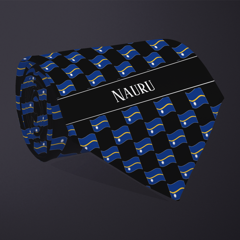 Rolled necktie, with WAVY flag checkerboard design, personalized with text: Nauru