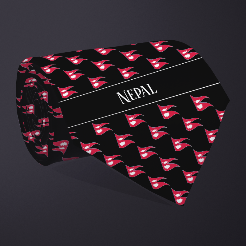 Rolled necktie, with WAVY flag checkerboard design, personalized with text: Nepal
