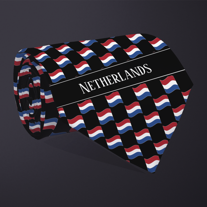 Rolled necktie, with WAVY flag checkerboard design, personalized with text: Netherlands