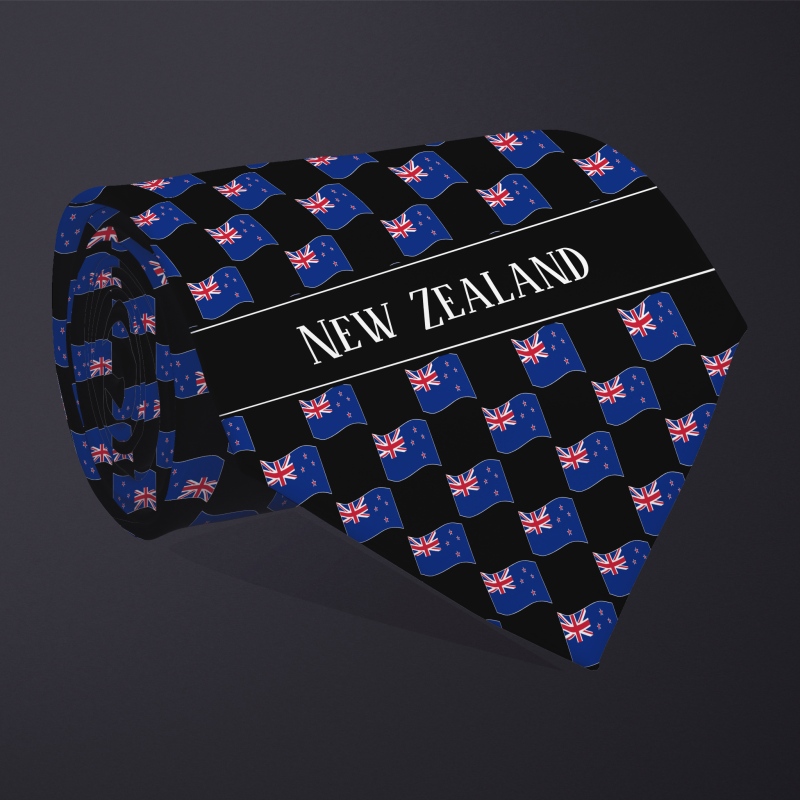 Rolled necktie, with WAVY flag checkerboard design, personalized with text: New Zealand