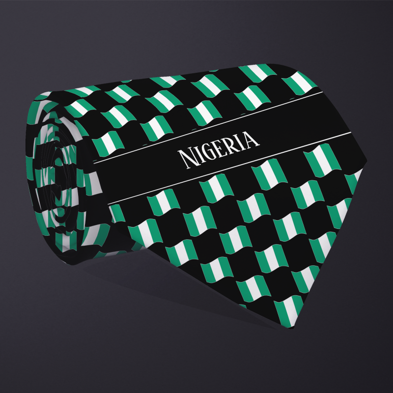 Rolled necktie, with WAVY flag checkerboard design, personalized with text: Nigeria