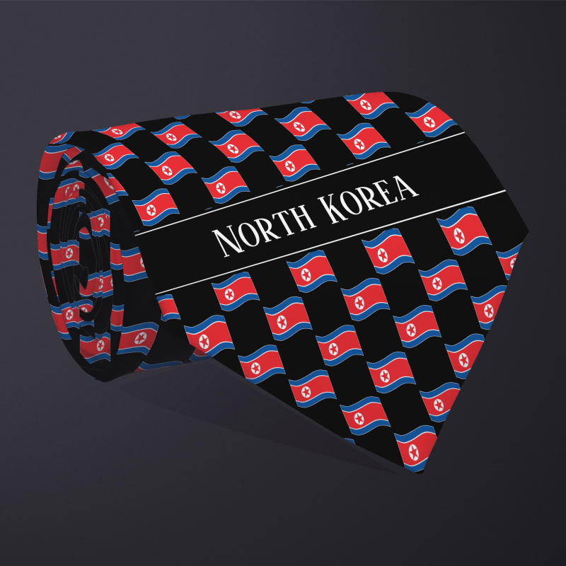 Rolled necktie, with WAVY flag checkerboard design, personalized with text: North Korea