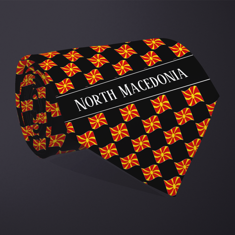 Rolled necktie, with WAVY flag checkerboard design, personalized with text: North Macedonia