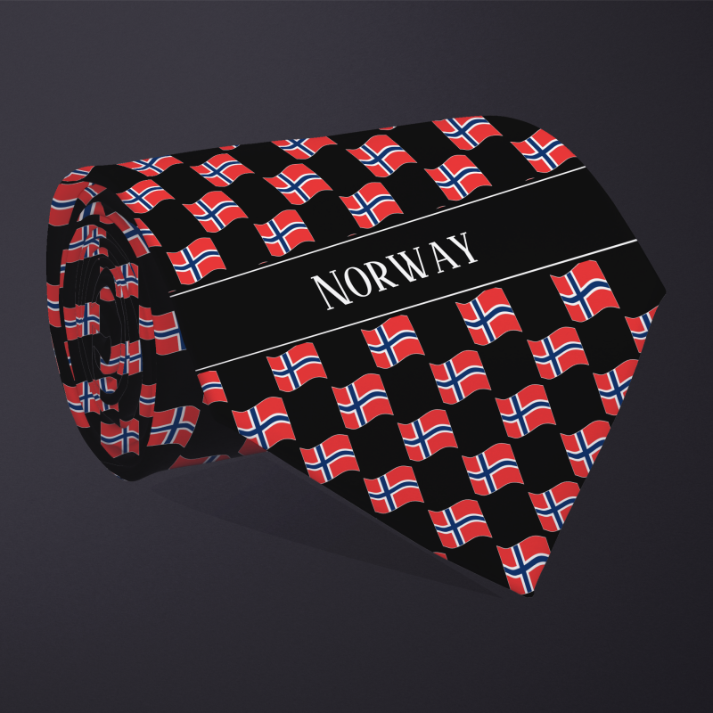 Rolled necktie, with WAVY flag checkerboard design, personalized with text: Norway