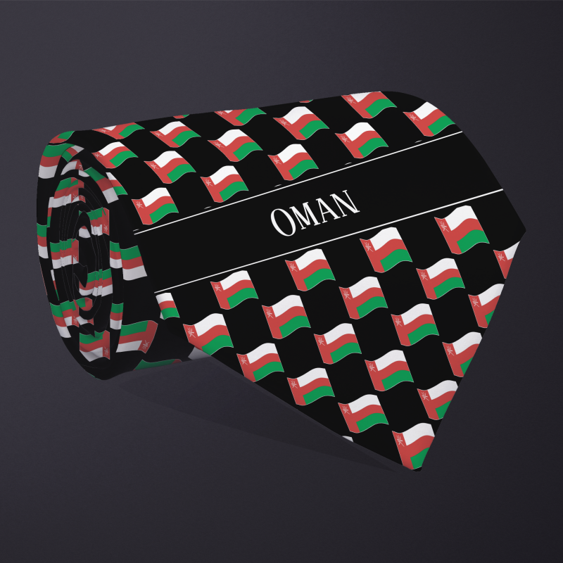 Rolled necktie, with WAVY flag checkerboard design, personalized with text: Oman