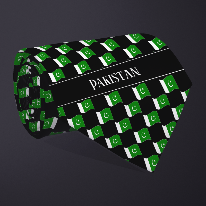 Rolled necktie, with WAVY flag checkerboard design, personalized with text: Pakistan
