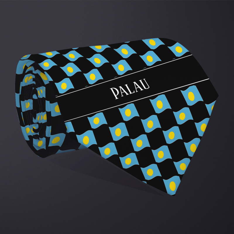 Rolled necktie, with WAVY flag checkerboard design, personalized with text: Palau